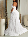 Momnfancy Bandeau Off Shoulder Feather Tulle Tutu Grenadine Photoshoo Maternity Maxi Dress