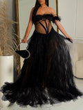 Momnfancy Bandeau Off Shoulder Feather Tulle Tutu Grenadine Photoshoo Maternity Maxi Dress