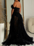 Momnfancy Bandeau Off Shoulder Feather Tulle Tutu Grenadine Photoshoo Maternity Maxi Dress