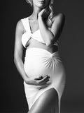 Momnfancy Bandeau White Off Shoulder Crop Side Slit Ruched 2-in-1 Chic Photoshoo Maternity Maxi Dress