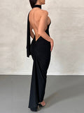 Momnfancy Black Backless Ruched Side Draped Halter Neck Elegant Bodycon Photoshoot Gown Baby Shower Maternity Maxi Dress