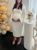 Momnfancy Elegant White Bodycon Square Neck Basic Cocktail Maternity Babyshower Maxi Dress