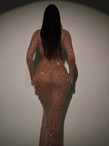 Momnfancy Chic Nude Color Rhinestones Sparkly Open Belly Mermaid Bodycon 2-in-1 Maternity Photoshoot Maxi Dress