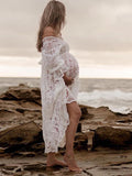 Momnfancy White Lace Off Shoulder Sheer V-neck Elegant Photoshoot Maternity Maxi Dress