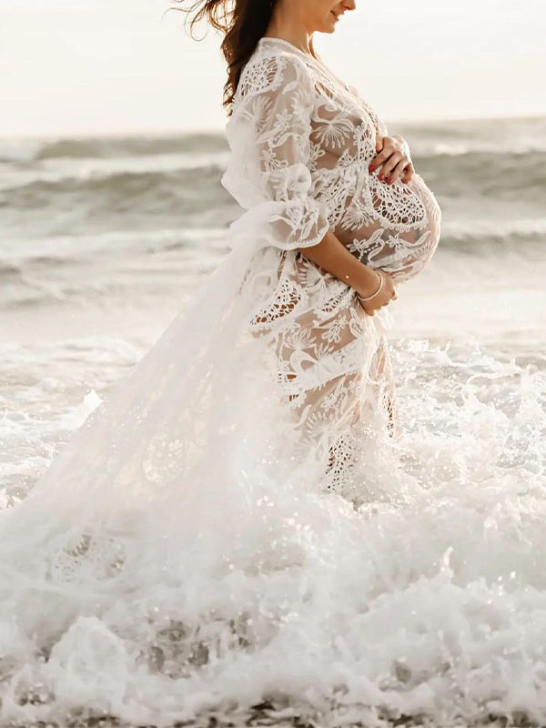 Momnfancy White Lace V-Neck Long Sleeve Photoshoot Maternity Maxi Dress –  momnfancy