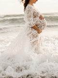 Momnfancy White Lace Off Shoulder Sheer V-neck Elegant Photoshoot Maternity Maxi Dress