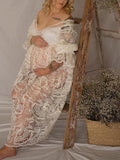 Momnfancy White Lace Off Shoulder Sheer V-neck Elegant Photoshoot Maternity Maxi Dress