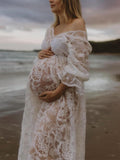 Momnfancy White Lace Off Shoulder Sheer V-neck Elegant Photoshoot Maternity Maxi Dress