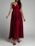 Momnfancy Wine Red Grenadine Spaghetti Strap Backless Flowy Tulle Mesh Event Party Maternity Maxi Dress