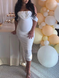 Momnfancy White Off Shoulder Bandeau Ruffle Bodycon Cap Sleeve Cute Baby Shower Maternity Midi Dress