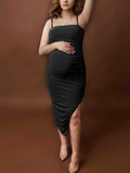 Momnfancy Black Spaghetti Strap Ruched Side Slit Belly Friendly Maternity Photoshoot Midi Dress