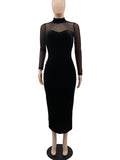 Momnfancy Black Mesh Splicing Split Bodycon Mermaid Party Plus Size Maternity Midi Dress