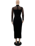 Momnfancy Black Mesh Splicing Split Bodycon Mermaid Party Plus Size Maternity Midi Dress