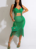 Momnfancy Two Piece Irregular Mesh Ruched Tassel Drawstring Cami Bodycon Chic Club Maternity Photoshoot Baby Shower Party Midi Dress