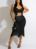 Momnfancy Two Piece Irregular Mesh Ruched Tassel Drawstring Cami Bodycon Chic Club Maternity Photoshoot Baby Shower Party Midi Dress