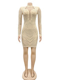 Momnfancy Apricot Rhinestone Diamond Mesh V-Neck Bodycon Going Out Chic Maternity Baby Shower Mini Dress