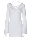 Momnfancy White  High Waist Ruched Flare Sleeve V-Neck Bodycon Cute Baby Shower Maternity Mini Dress