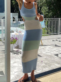 Momnfancy Backless Striped Knitted Spaghetti Strap Party Summer Cut Out Maternity Maxi Dress