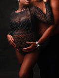 Momnfancy Black Knitting Sheer Cut Out Photoshoot Short Jumpsuit Maternity Bodysuit