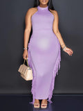 Momnfancy Tassel Two Piece Halter Neck Belly Friendly Bodycon Sleeveless Babyshower Maternity Maxi Dress