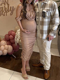 Momnfancy Khaki Ruched Off Shoulder Belly Friendly Baby Shower Bodycon Maternity Midi Dress