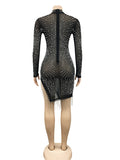 Momnfancy Black Mesh Rhinestone Pearl Tassel Irregular Sheer Bodycon Photoshoot Maternity Mini Dress