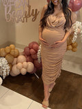 Momnfancy Khaki Ruched Off Shoulder Belly Friendly Baby Shower Bodycon Maternity Midi Dress