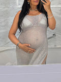 Momnfancy Spaghetti Strap Cut Out Backless Slits On Both Sides Sheer Photoshoot Maternity Maxi Dress