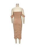 Momnfancy Khaki Ruched Off Shoulder Belly Friendly Baby Shower Bodycon Maternity Midi Dress