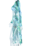 Momnfancy Blue Tie Dye Irregular Cut Out Crop Side Slit Beach Club Gender Reveal Chic Maternity Baby Shower Party Maxi Dress