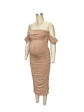 Momnfancy Khaki Ruched Off Shoulder Belly Friendly Baby Shower Bodycon Maternity Midi Dress