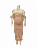 Momnfancy Khaki Ruched Off Shoulder Belly Friendly Baby Shower Bodycon Maternity Midi Dress